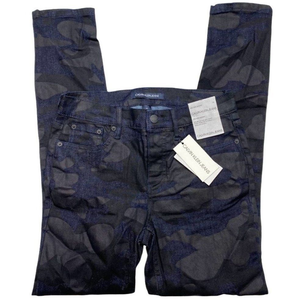Calvin Klein Camo Skinny Jeans‎ Women's 26 Black Blue Coated Mid-Rise NEW